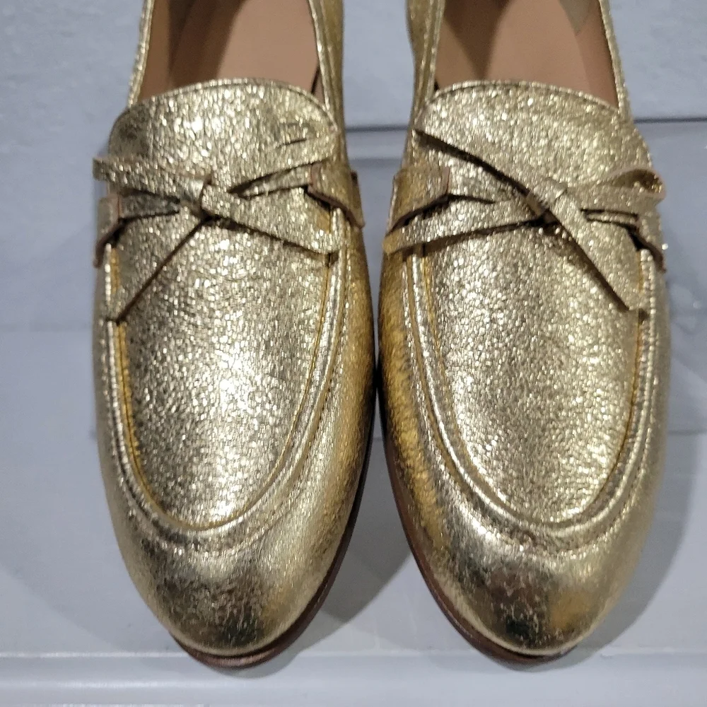 J Crew Academy Loafers Metallic Leather Gold Size 5.5 New